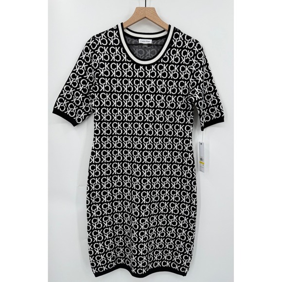 Calvin Klein Dress Womens Dress Medium Black CK Logo Print Knit Sweater NEW - Picture 1 of 9